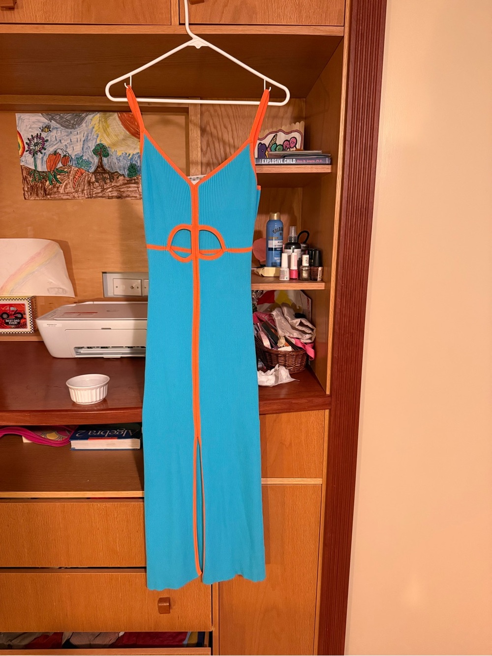 ANTHROPOLOGIE Siempre Knit Contrast Midi Dress Blue with Orange Trim - Picture 2 of 5
